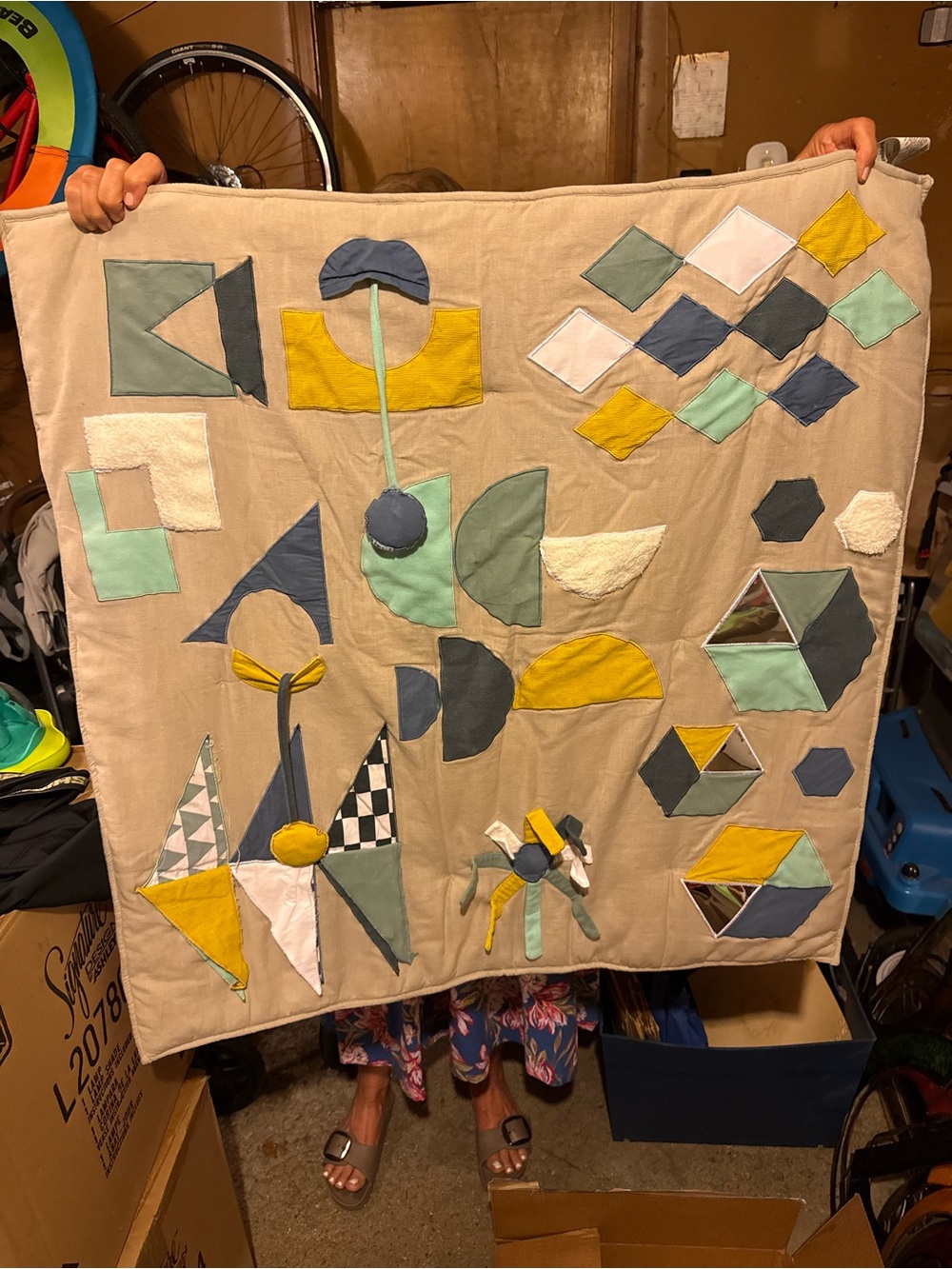 Crate&Barrel Geometric Patchwork Infant Playmat in Mustard, Mint, Navy & Cream